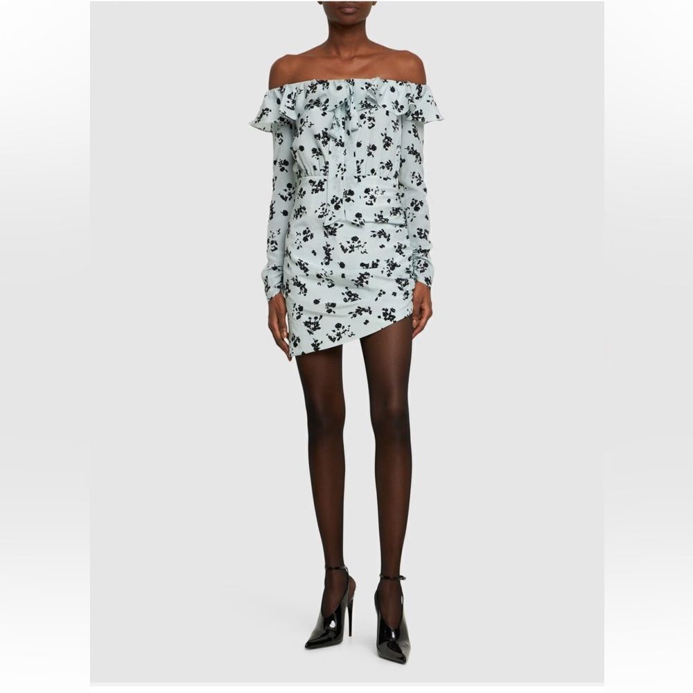 Alessandra Rich Off-The-Shoulder Rose Printed Silk Mini Dress - Picture 16 of 16